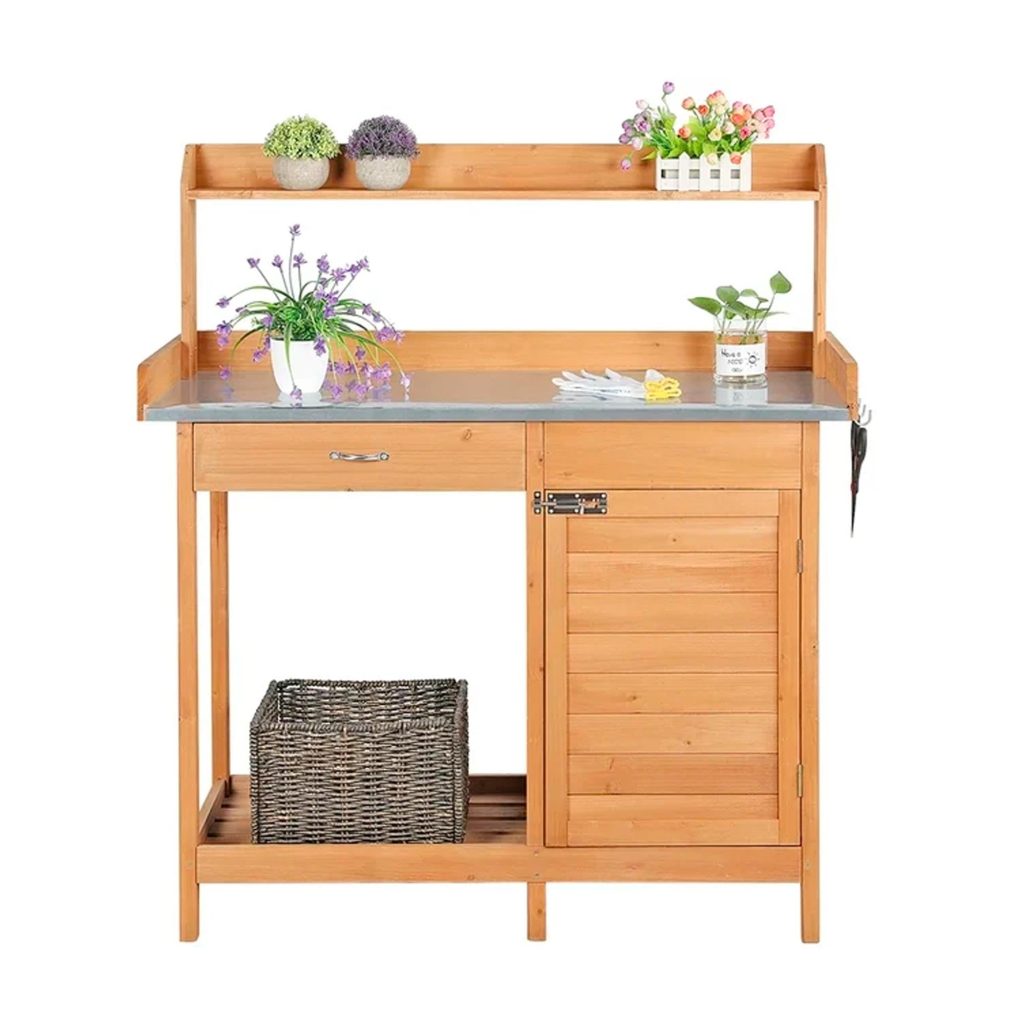 Mesa de Jardinería Exterior Easyfashion con Superficie Metálica, Cajón y Estante de Madera Natural